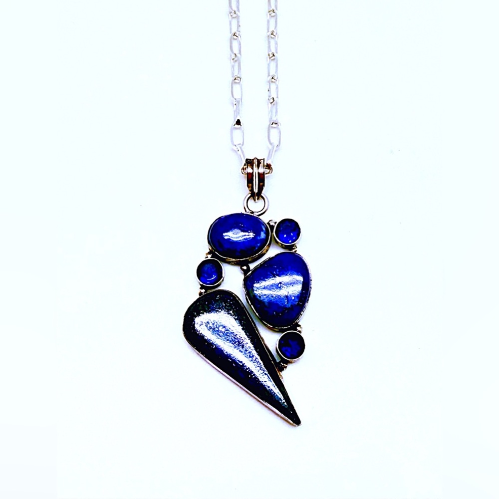 Vintage Sterling Lapis Lazuli & Sapphire Blue Rhinestone Pendant Necklace
